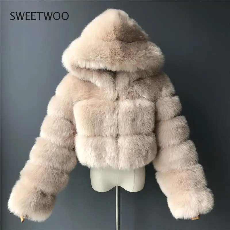 Fashion Autumn Winter High Quality Faux Fox Fur Coat Women 2021 Vintage Long Sleeve with Cap Slim Short Jackets Furry Coat Femme