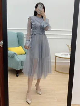 

Latest Designer Fashion Dress 2019 Autumn Sexy Party Women Appliques Lace Patchwork Long Sleeve Grey Black Mesh Dress Vestidos