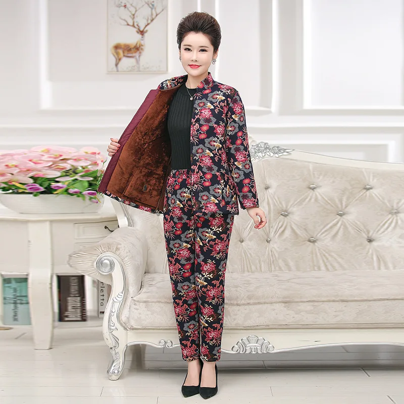 

Middle-aged Women Dress Fall And Winter Clothes Camel Fiber Brushed And Thick Two-Piece Set Grandma-Cotton-padded Jacket Cotton-