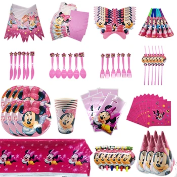 

84pc/set Minnie Mouse Party Supplies Sets Kids Tablecloth Plates Cups Banner Napkins Spoons Children's Birthday Party Decoration