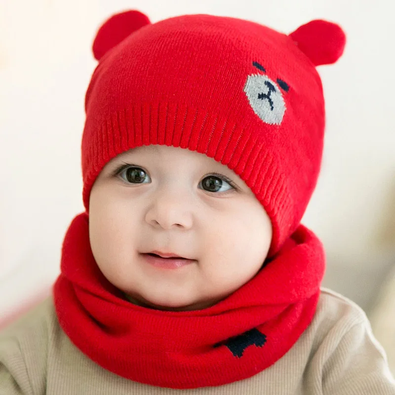 Детская зимняя шапка s наборы с шарфом теплая вязаная Круглая Шапочка Милая шапочка с мультяшным медведем A66