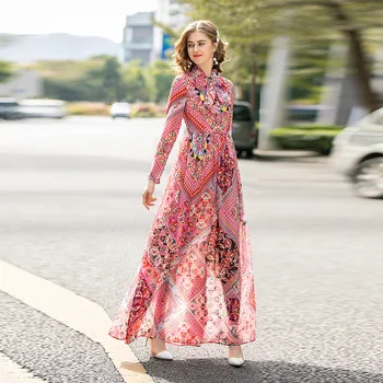 

Spring Summer New Chiffon Women Dresses Printing Elegant Ladies Long Sleeve Long Party Dress High Quality Women's Clothing