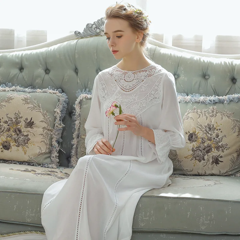 Romantic Lace Nightdress Women French Style Fairy Sleep Lace Dress Elegant Long Sleeve Cotton Nightgown Victorian Loungewear