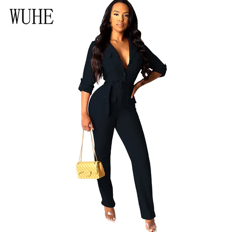 

WUHE Autumn Lapels Pocket Button Belt Cardigan Jumpsuits Sexy Hollow Out Bandage Bodycon Playsuits Ladies Elegant Club Wear