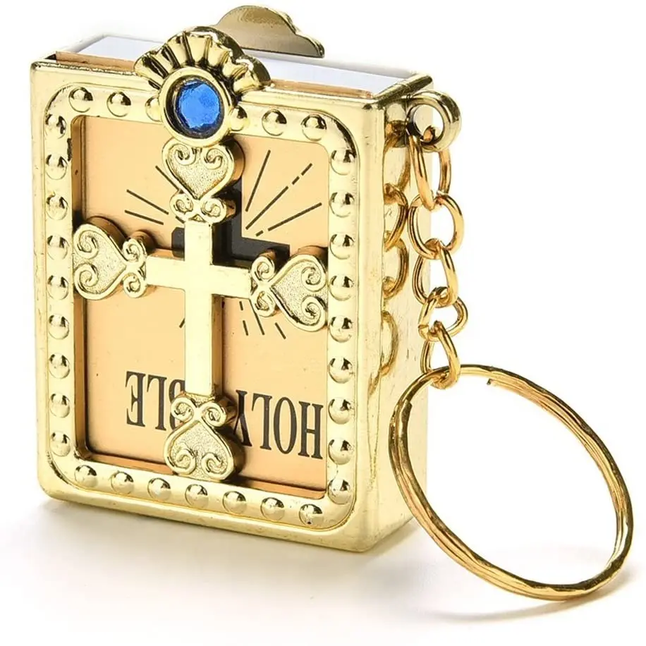 Pop Keychain Toys 20pcs Spanish Real Mini Holy Bible Keychain Catholicism Christian Jesus Cross Keychain First Communion Religion Party Holy gift