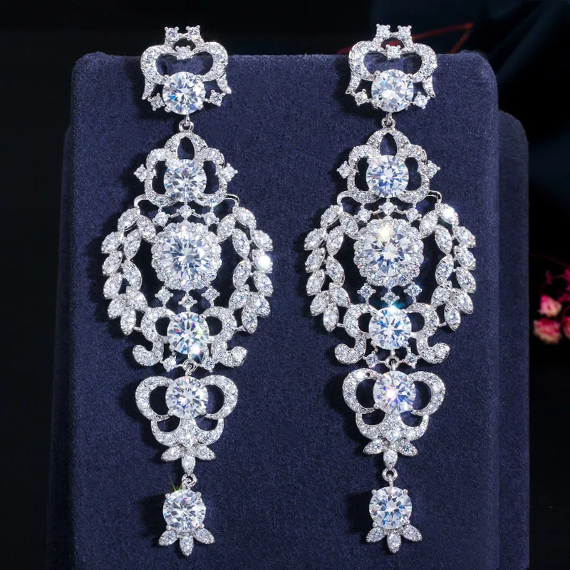 CWWZircons Luxury Cubic Zirconia Long Chandelier Drop Silver Wedding Earring for Women Bridal Party Costume Jewelry CZ651