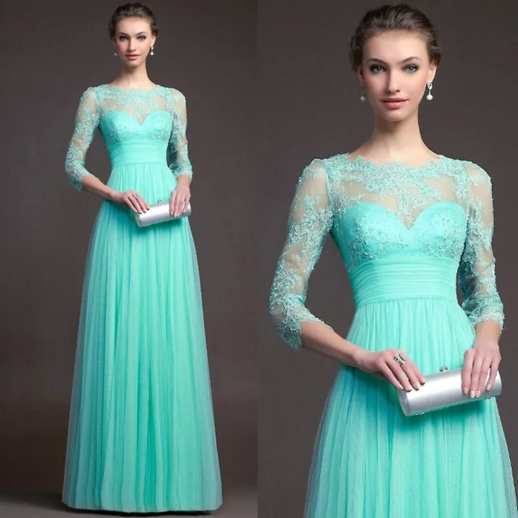 

BacklakeGirls 2019 Autumn Elegant Round Neck Long Sleeve A-line Chiffon Evening Dress Green Red Lace Evening Gowns Feest Jurken