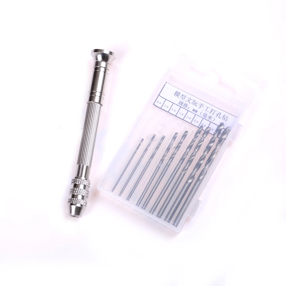 Mini Manual Aluminum Hand Drill With Keyless Chuck +10pcs Twist Micro Drill Bit Woodworking Drilling Rotary Tools