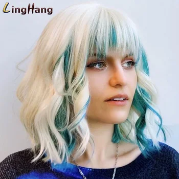 

LINGHANG Short Wavy Wigs for Black Women African American Synthetic Green Hair Golden Wigs with Bangs Heat Resistant Cosplay Wig