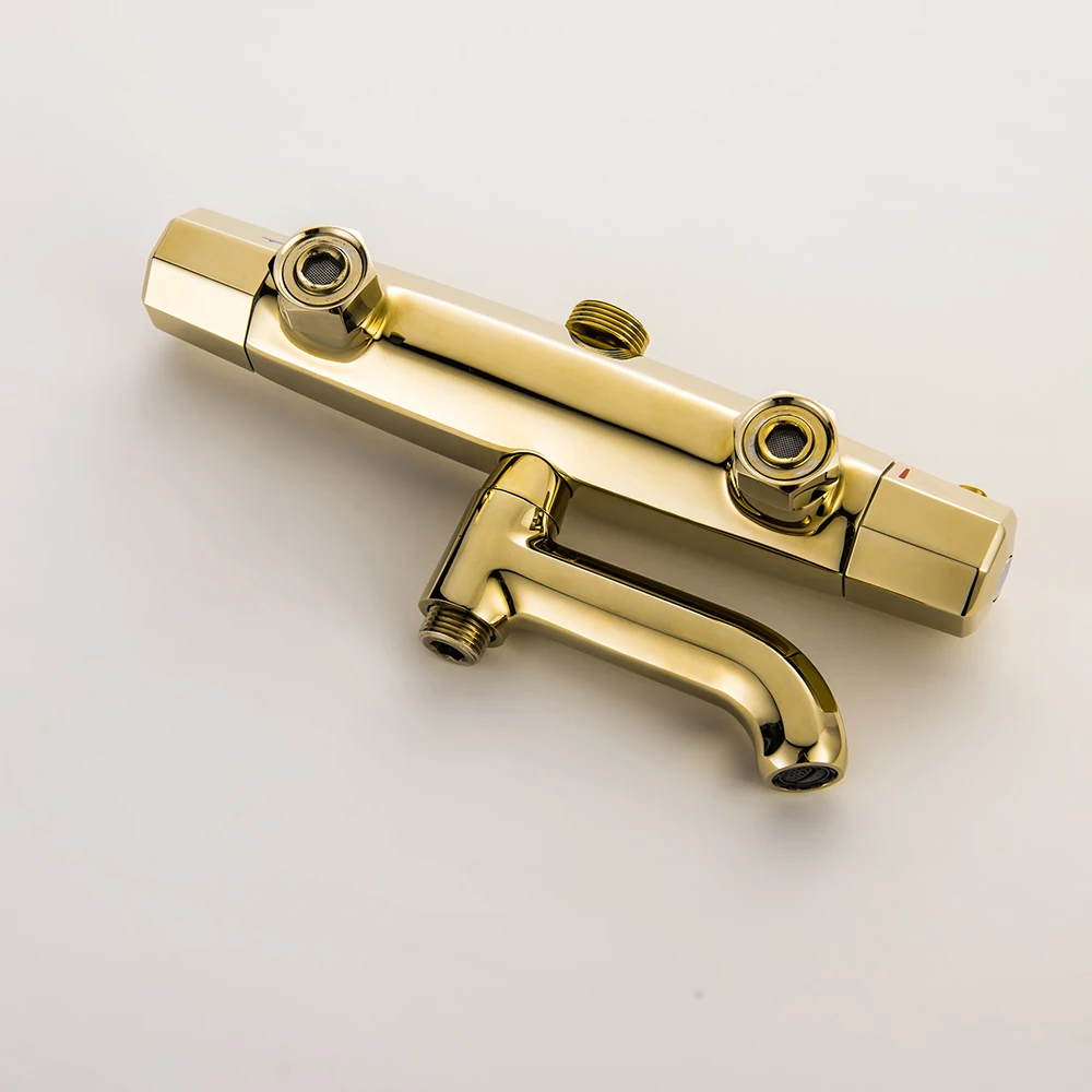 Thermostatic Three Functions Golden Brass Bathtub Diverter Mixer Tap Multifunction Hand Held Shower Head Bathroom Faucet
