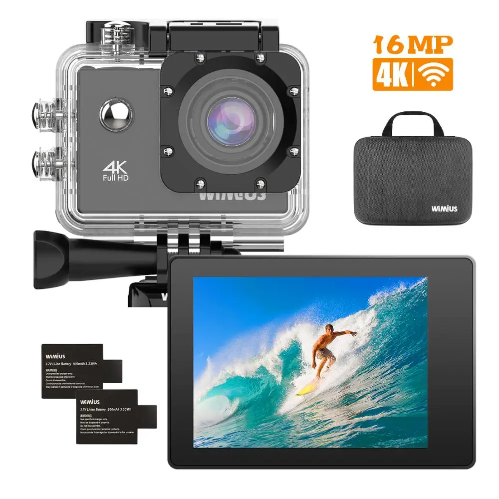 

Wimius Wifi Sports Action Camera 4K 16MP 1080p 60fps Sports camcorder and Waterproof Shell 2 Batteries Complete Accessories Kit