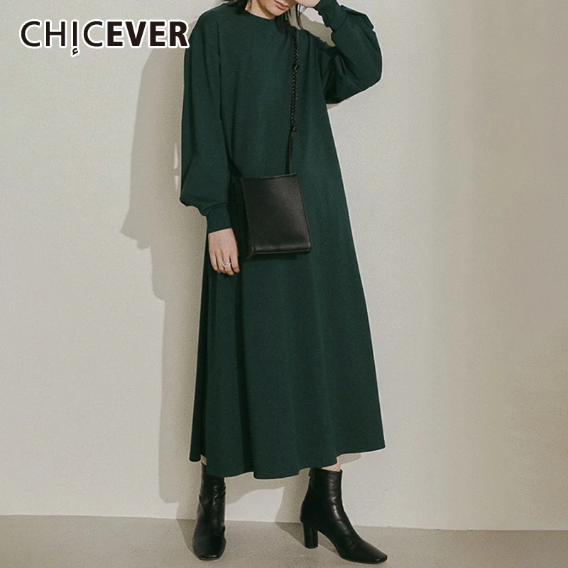 CHICEVER корейское трикотажное платье для женщин с круглым вырезом и рукавами-фонариками, свободные большие макси платья для женщин Весенняя модная новая одежда