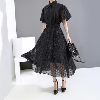 

Retro French Office Dress Summer 2020 Korean Fashion Ladies Elegant Long Dress Robe Fluffy Fringes Stylish Black A-Line Dress