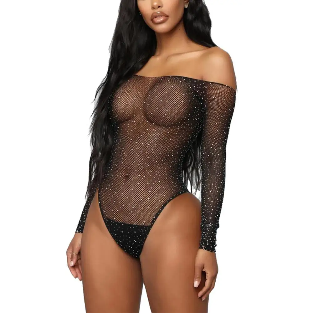 Sexy Fishnet Body Lingerie Bodysuit Rhinestone Off Shoulder Sexy Underwear Women Mesh Fish Net Slim Babydoll Catsuit Leotard Top