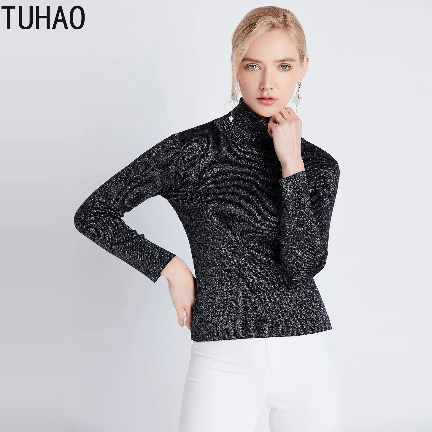 

TUHAO Spring Fall Long Sleeve Turtleneck Sweater Woman's Bottoming Shirt Thin Bright Silk Knitted Pullover Tops T0399
