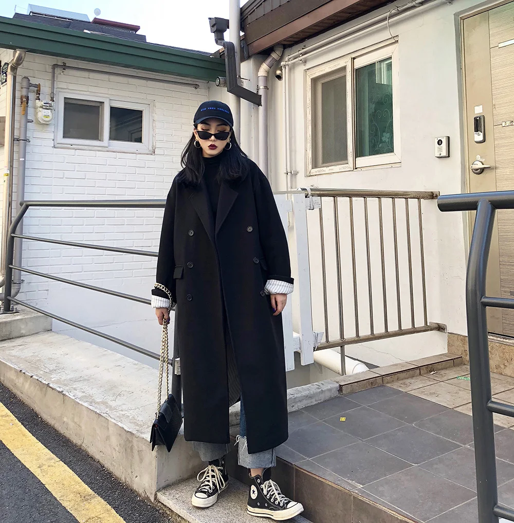 

50% Wool 2020 Winter Long Money Over The Knee Woolen Coat Female Black Loose Slim Woolen Cloth Coat Female