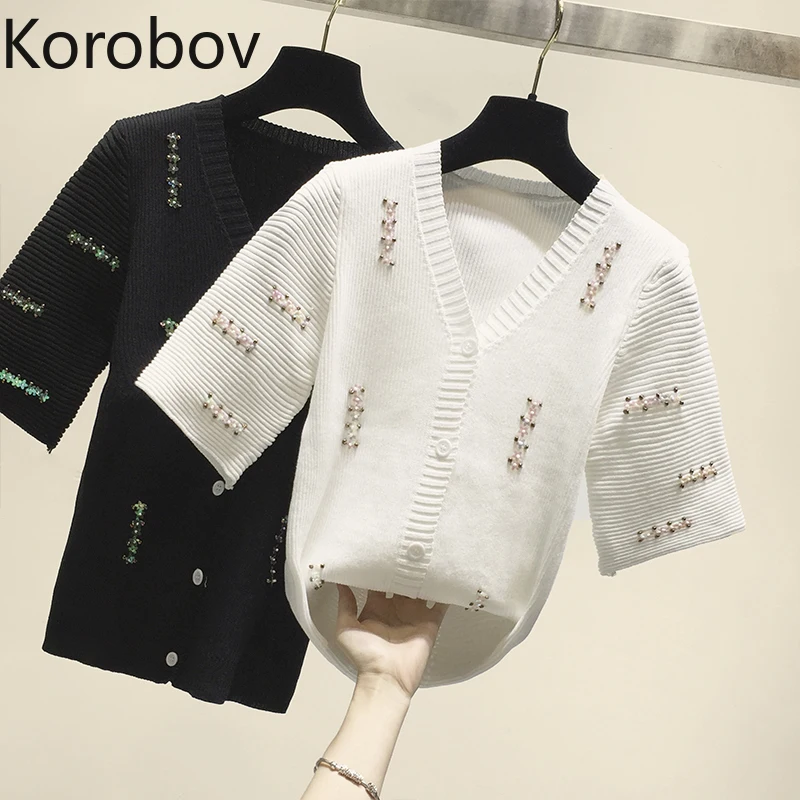 Korobov сексуальный Вязаный топ с v-образным вырезом и коротким рукавом корейский