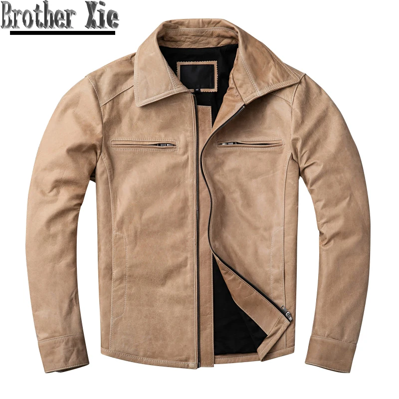 

Men Vintage Genuine Leather Jacket Sheepskin Khaki Real Leather Short Motorcycle Biker Slim Coat Harajuku Large Size Overcoat
