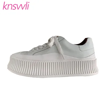 

White Platform Shoes Woman Round Toe Lace Up Leisure Sneakers Women Genuine Leather Casual Comfort Thick Sole Shoes Ladies