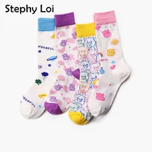 Милые женские хлопковые носки в Корейском стиле с разноцветным медведем из мультфильма; забавные уличные носки для девочек; цвет розовый, белый; зимняя одежда; Meia Feminina