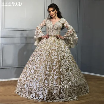 

Champagne Ball Gown Glitter Muslim Evening Dress With Long Sleeves Luxury Dubai Prom Gowns Women Formal Occasion Dress Customize