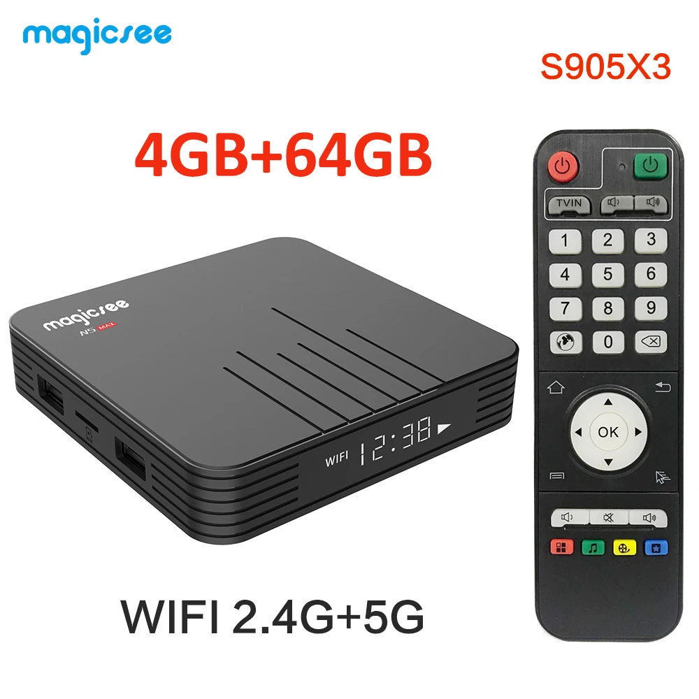 Magicsee N5 MAX Amlogic S905X3 четырехъядерный процессор ARM Cortex-A55 Android 9,0 4 ГБ 32 ГБ/64 Гб BT 4,0 100 м телеприставка 4 к H.265 медиаплеер - Цвет: 4GB 64GB N5 MAX