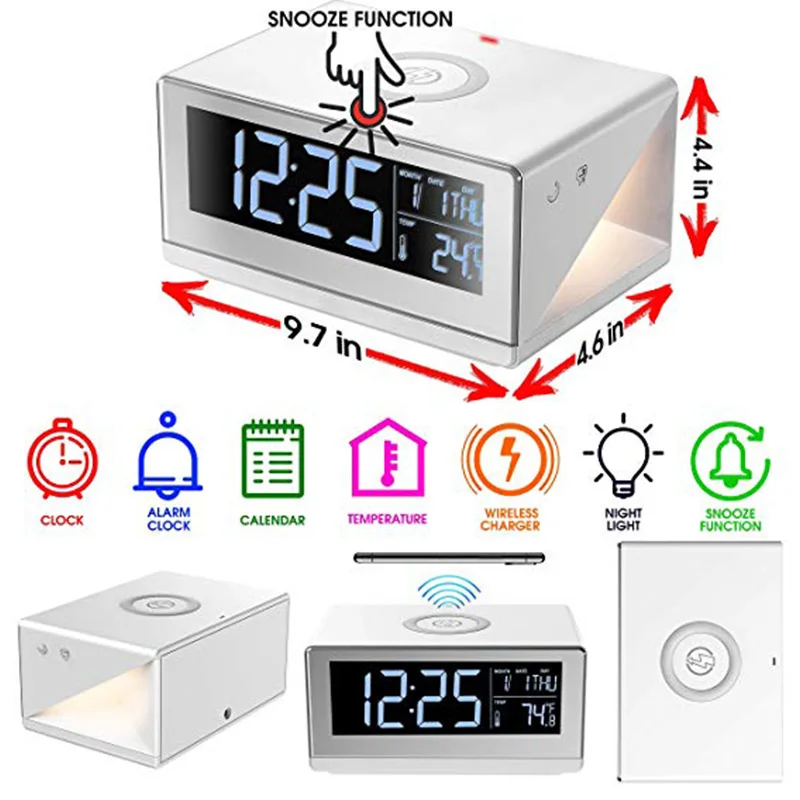  Mobile Phone Wireless Charging Light QI Standard with Alarm Clock Snooze Time Display and Night Lig - 4000095028579