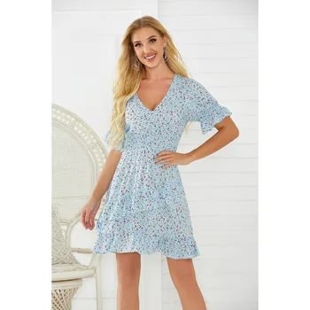

2020 Summer Separate Station New Style Printed Floral Print V-neck Elastic Waist Casual Dress
