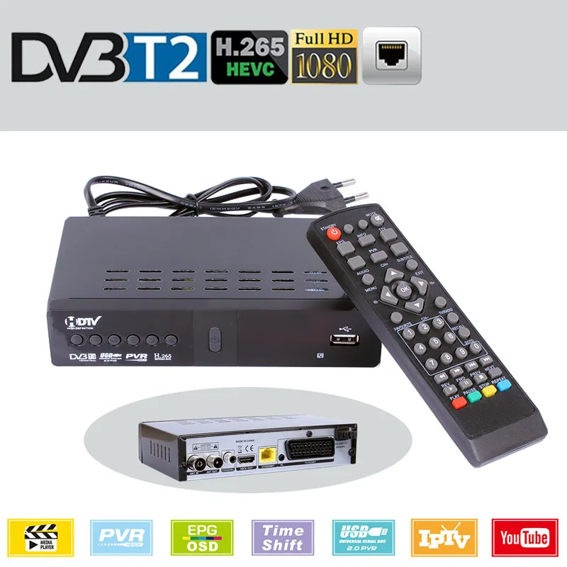 HD Digital DVB T2 TDT Terrestrial TV Receiver HEVC 265 DVB-T2 H.265 HD Decoder EPG Set Top Box Youtube LAN Scart For Spain Italy