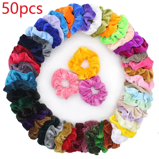 50pcs/set Vintage Hair Scrunchies Stretchy Velvet Scrunchie Pack Women Elastic Hair Bands Girl Headwear Plain Rubber Hair Ties 50pcs