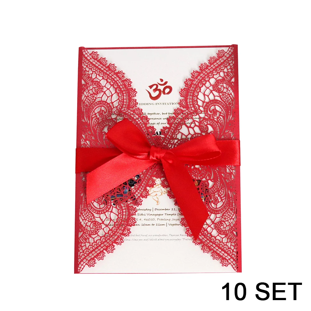  10set Glitter Paper Laser Cut Wedding Invitation Card With Ribbon Personalized Wedding Decor Party  - 4.00022E+12