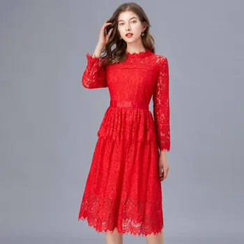 

2020 Women Spring New Style Red Lace Dress Elegant Casual Hollow Out Solid Color Round Neck Knee Length a Line Dress Big Size