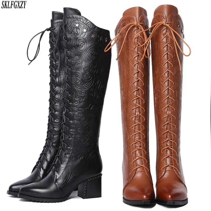 

Fashion Embossing Plaid Runway Natural leather Boots Women Knee High Boots Pointed Toe Strange High Heel Ladies Chelsea Boots