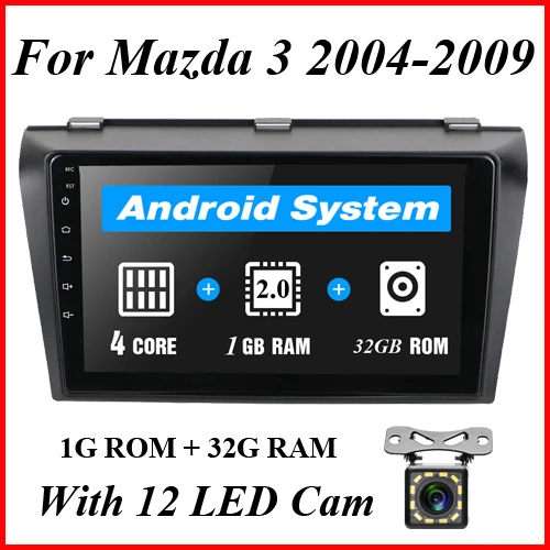 32G With 12 LED Cam Podofo 2 din " 2.5D Автомобильный мультимедийный плеер Android Радио стерео wifi gps четырехъядерный Авто аудио радио плеер для Mazda 3 2004-2009 - Цвет: 32G With 12 LED Cam