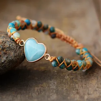 Classic Heart Shape Charm Bracelets Amazonite String Braided Macrame Bracelets Teengirls Wrap Bracelet Femme Women Jewelry