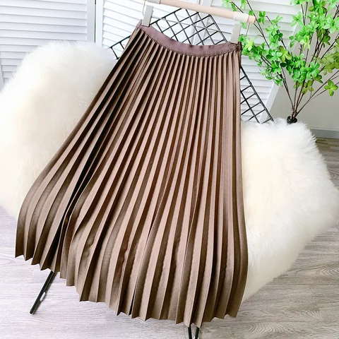Korean Autumn Winter Velvet Midi Long Skirt Women 2021 New Fashion Elastic High Waist Pleated Skirts Jupe Longue Femme