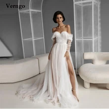 

Verngo Boho Wedding Dresses Long Sleeves Dotted Tulle Off the Shoulder Side Slit Elegant Bridal Gowns 2022 Robe de mariage