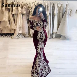 Sumnus Burgundy Mermaid Evening Dresses Long Sleeves Off The Shoulder Lace Embroidery Velour Dubai Arabic Muslim Formal Dress