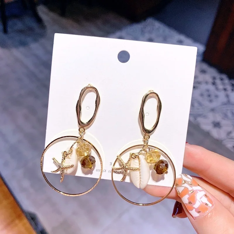 

Korea Vintage Starfish Shell Big Circle Statement Drop Earrings For Women Fashion Jewelry Crystal Earings Brincos