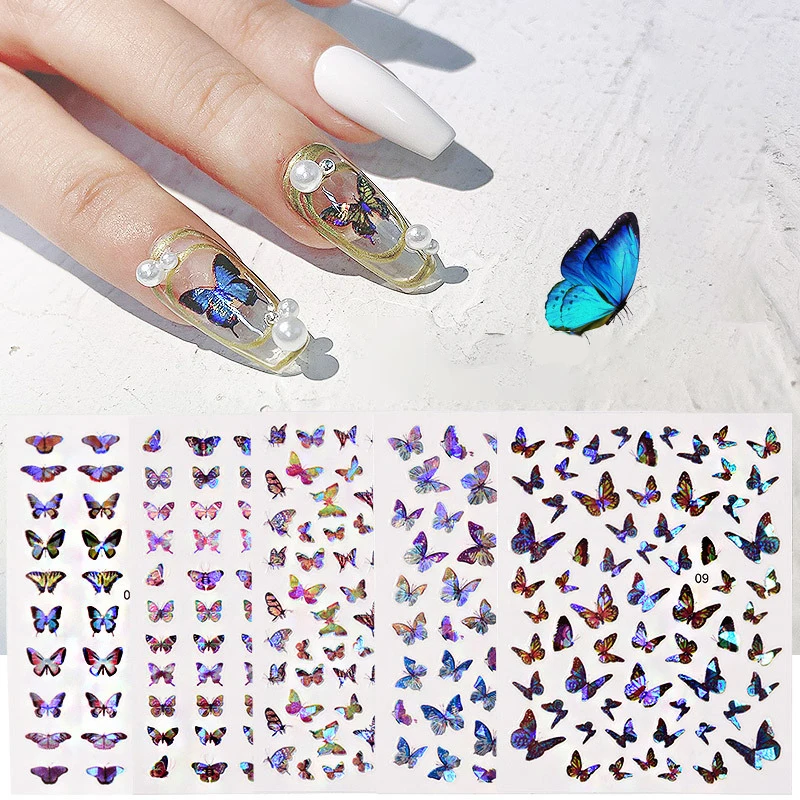 

6 Sheets Colorful 3D Butterfly Full Cover Nail Art Stickers Designer UV Adhesive Sliders Transfer Decals Manicure Decoration
