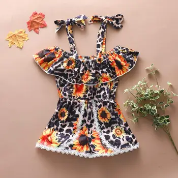 

Toddler Baby Girls Summer Dress Leopard Sunflower Print Ruffle Lace Suspender Romper Dress Baby Girl Party Dresses RL2