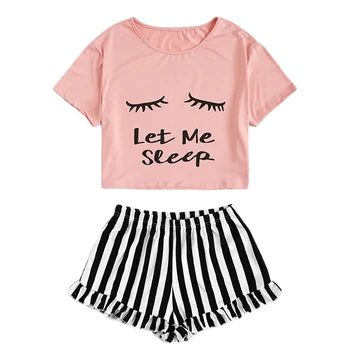 

Black Graphic Tee Frilled Striped Shorts Round Neck Short Sleeve Set Summer Women Patchwork Sleepwear Women Pajamas Set