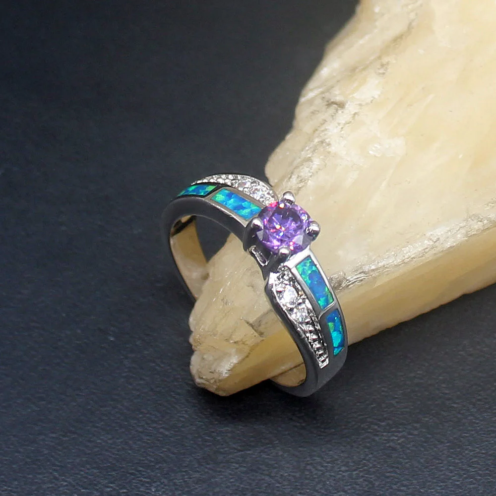 

Hermosa Purple Amethyst Blue Fire Opal Genuine 925 Silver Band Ring Wedding Engagement Gifts for Women Size 8.5# 20214337