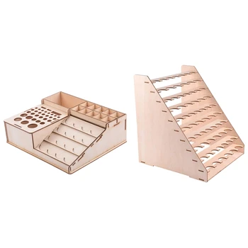

1pcs 65 Holes Paint Organizer Rack (1.3in + 1.02in Per Hole) & 1pcs Wooden Paints Bottles Rack Stand Storage Rack