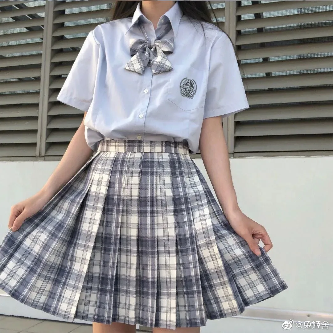 [Ice Cream] Japanese Girl Summer Blue Plaid High Waist Pleated Skirts Plaid Skirts Women Dress For JK School Uniform Students