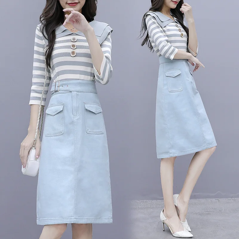 

Peter Pan Collar Stripes Jersey Dress Autumn 2019 New Style Fairy Immortal MORI Series Popular Skirt Suit Two-Piece Set