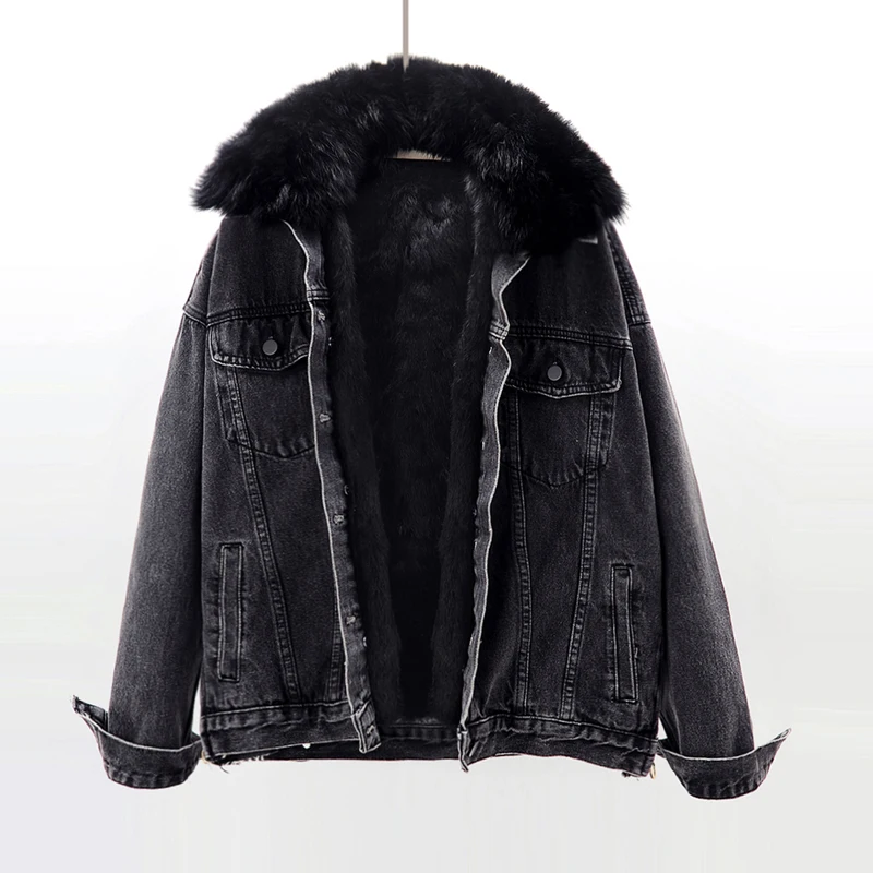 Thick Warm Women Denim Jacket Coat Winter Removable Fox Fur Collar Rabbit hair Liner Jeans Female Loose Black Parka Mujer |