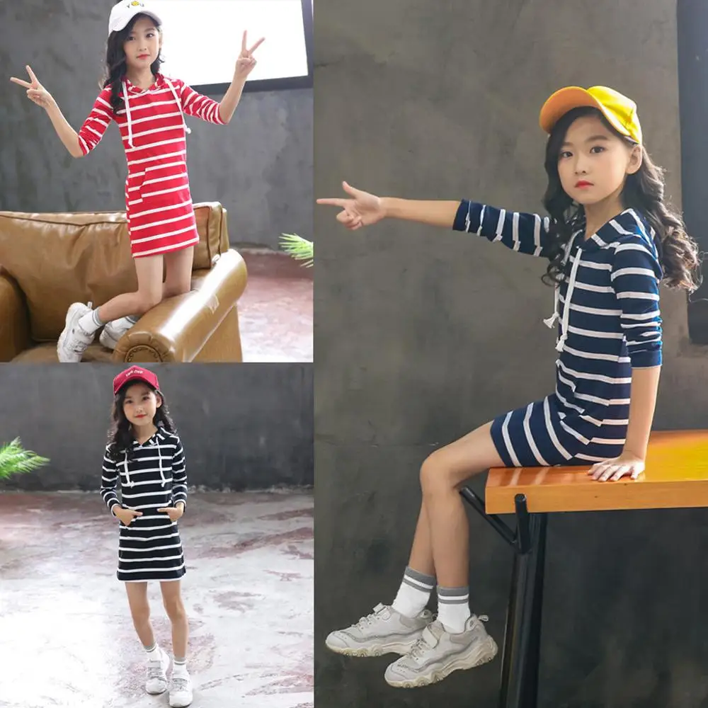 

платье для девочки Baby Girl Clothes Teen Girls Princess Dress Girls Long Sleeve Striped Slim Pencil Hooded Dresses vestidos 40