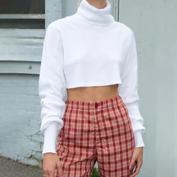 

Womens Clothing Fashion Turtleneck Pure White Brief T Shirt Long Sleeve Navel Bare Crop Tops Women Tees Feminino Casual T Shirts
