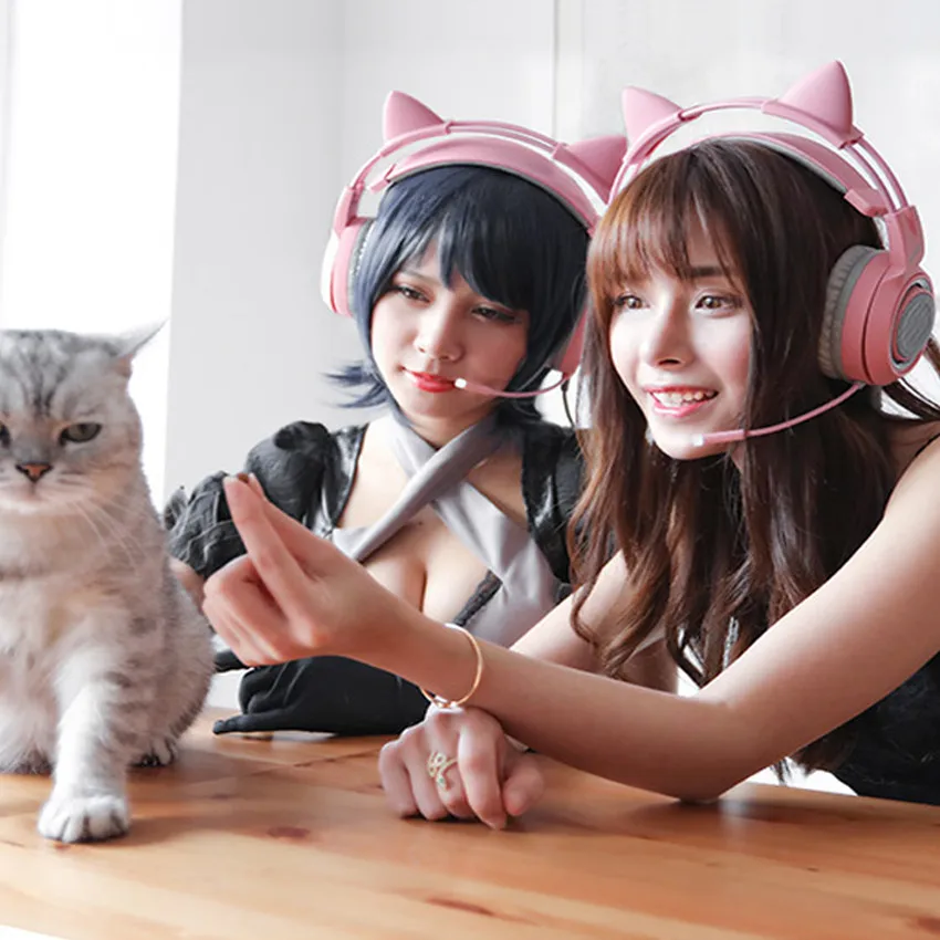 SOMIC Cat Ear Headset Kids PS4 Gaming Headphones Pink Blue PC Stereo Headset with Microphone for Xbox One Phone Laptop Tablet